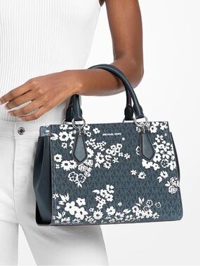 Michael Kors Navy and White Floral Logo Satchel